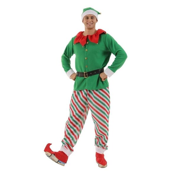 Other - Adult Christmas Elf Costume With Hat & Belt - Green & Red Striped Pants XL